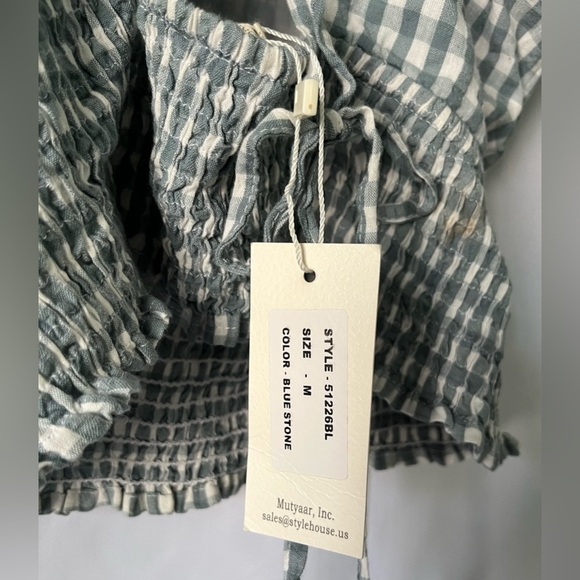 NWT Sim & Sam Top Women’s M Puff Sleeve Green White Corset Back Corset Stretch - Picture 4 of 4